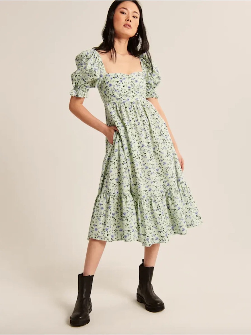 Abercrombie & Fitch Floral Puff-Sleeve Poplin Midi Dress